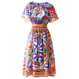 Abiti da passerella da donna O Collo maniche corte Vintage stampato elastico in vita Elegante abito di design Vestidos