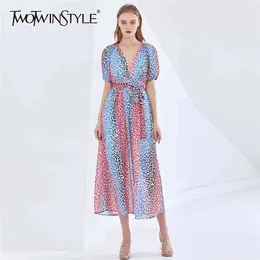 Gestreiftes Kleid für Frauen V-Ausschnitt Puff Kurzarm Hohe Taille Schärpen Drucken Leopard Midi Kleider Weibliche Kleidung 210520