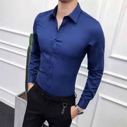 Wysokiej Jakości Mężczyźni Koszula Z Długim Rękawem Solid Formalna Biznesowa Koszula Szczupła Fit Marka Man Sukienka Koszule Społeczny Turn-Down Collar 6Colors 210708
