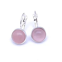 Silverpläterad 10mm Rosa Rose Quartz Healing Crystal Charms Örhängen Geometrisk Natursten Örhänge för Kvinnor Smycken