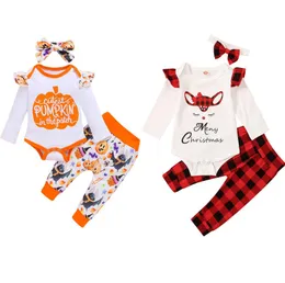 Baby Girls Kläder Ställer Infant Brev Romper Plaid Byxor Headband 3st Set Pumpkin Toddler Girl Outfits Halloween Julkläder DW5948