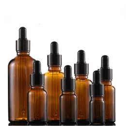 Amber Glass Droper Bottle Pipette Dropp med svart mössa för eterisk olja 5-100 ml kosmetiklotion Case Container