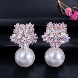 Snowflake designer earring Imitation Pearl Luxury Bride Charm Earrings Jewelry White Grey Red AAA Cubic Zirconia Copper Silver Plated Earring Women Girls Party