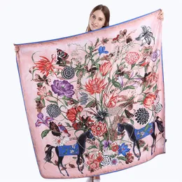 130cm New Silk Scarf Square Floral Horse Print Shawl Beach Towel Fashion Handkerchief