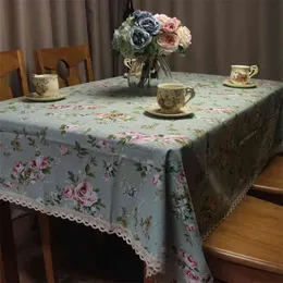 CURCYA Green Table Cloth Pastoral Rose Flowers Printed Cotton Cover Thick Dustproof Store Home Decorative cloths 210626