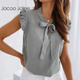 Jocoo Jolee Blouses с короткими рукавами рубашка летние лук кружев в горошек женское урезание пуловер винтажные блазовые рубашки женщины сексуальные вершины 210619