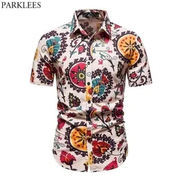 Vintage Dashiki Blumendruck Baggy Shirts Männer Kurzarm Baumwolle Leinen Herren Hawaiihemden Casual Urlaub Urlaub Kleidung 210522