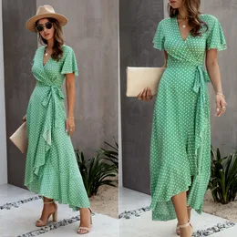 Summer Women Short Sleeve Print dots Dress V Neck Casual long Dresses woman slim fashion skirts
