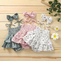 barn rompers tjejer blomma blommig print romper spädbarn toddler sling jumpsuits + båge huvudband sommar mode baby kläder 1596 b3