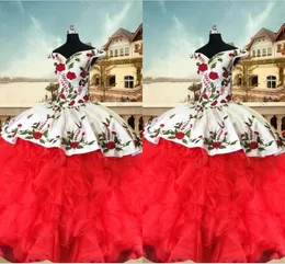 Vintage Embroidered Quinceanera Dresses Ball Gown Off The Shoulder Ruffles Organza Satin Sweet 16 Girls Prom Pageant Dress