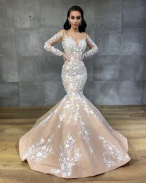 Vintage Champagne Long Sleeve Mermaid Wedding Dresses With Ivory Lace Appliques Beaded Aso Ebi Arabic 2022 Bridal Gowns Sheer Crew Neck Plus Size Bride Dress
