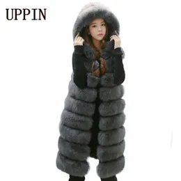 Женский меховой жилет из искусственного меха UPPIN 2022, модный женский зимний жилет с капюшоном, пушистое милое длинное женское пальто больших размеров