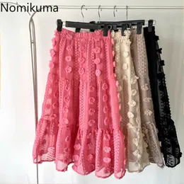 Nomikuma Korean 3D Flowers Woman Skirts Causal Ruffle Patchwork A-line Mid-calf Skirt High Waist Sweet Faldas Mujer 6F863 210427