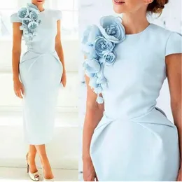 Elegant Formal Evening Dresses with Hand Made Flower Pageant Capped Short Sleeve Tea-Length Sheath Prom Party Cocktail Gown