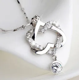 Naszyjniki wisiorek podwójne Damen Halskette Herz Anhänger Sitber Herzkette Heart Schmuck Keett Crystal Rhinestone Cyrkon Naszyjnik