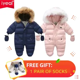 Iyeal الشتاء ملابس الطفل مع الفراء مقنعين ولد الصوف الدافئ الرايات snowsuit طفل فتاة بوي الثلج ارتداء أبلى معاطف 220106