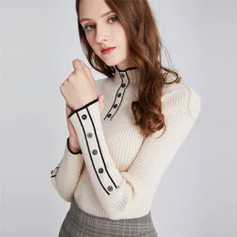 Vinter Kvinnors tröja Koreanska Turtleneck Stickad High Neck Button Cashmere Jumper Warm Tunic Långärmad Svart Pullover 210428