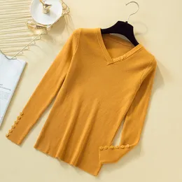 Mode Kvinnor Skjorta Fall Core Garntröja Pullovers Office Lady Slim Elegant Solid V-Neck Knapp Dekoration 7251 50 210508
