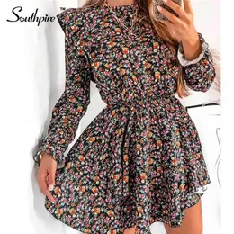 Southpire O-Ausschnitt A-Linie Schwarz Blumendruck Vintage Kleid Langarm Rüschen Mini Partykleid Lässige Alltagskleidung Weiblich 210719