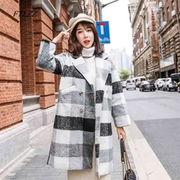 Women Autumn Winter Cashmere Trench Jacket Thickness Warm Black White Plaid Coat Casual Female Woolen Vintage Outerwear 210430