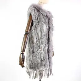 Harppihopの毛皮の新しい自然の毛皮のベスト純正のウサギの毛皮のニットギレットフード付きロングコートジャケット女性冬V-211-05 Q0827