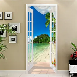 PVC самоклеящийся водонепроницаемый дверной наклейка 3d приморский пейзаж роспись фото обои гостиная творческий DIY декор наклейки 3 D 210317
