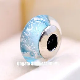 2 sztuk S925 Sterling Silver Murano Glass Light Blue Fluorescencyjny podpis Kolor Koraliki Fit Pandora Styl Urok Biżuteria Bransoletki Naszyjniki