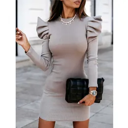 Autumn Sexy Solid Color Buttocks Bodycon Pullover Office Lady Puff Sleeved Vestidos Fashion Package Hip Party Dress Slim Dresses Y1006