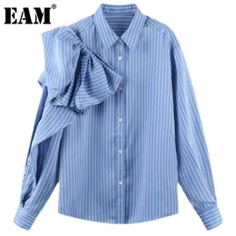 [EAM] Donne Blue Striped Bow Big Size Blusa Camicetta a maniche lunghe Camicia a maniche lunghe Shirt Fit Fashion Primavera Autunno 1D7108 210512
