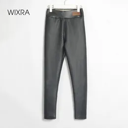 Wixra Womens Winter PU Pants Skinny Thick Lamb Wool Fur Alta vita elastica Warm Faux Leather Solid Streetwear Fashion Clothes 210319