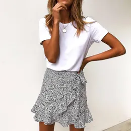Multi Dot Print Short Mini Skirts Women Summer Ruffle High Waist Bow Tie Skirt Ladies Streetwear Slim Bottoms Saias 210426