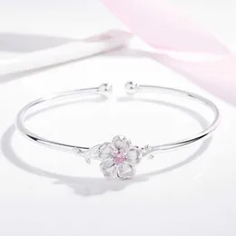 Korean Version Silver Plated Mori Art Cherry Bracelet, Sweet Inlaid Diamond Powder Crystal Simple Ring about Opening Jewelry. Q0717