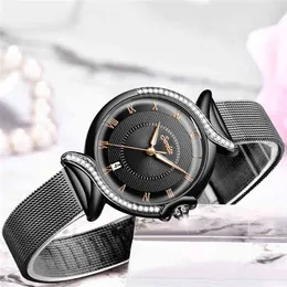 Sunktaの高級超薄い女性の時計ファッションカラーガラスのアナログクォーツウォッチの女性の黒い網のカジュアル防水腕時計210517