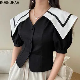 Korejpaa 여성 셔츠 여름 한국어 세련된 레트로 네이비 칼라 트림 콘트라스트 색상 3 버튼 슬림 짧은 퍼프 슬리브 블라우스 210526