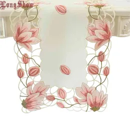 LongShow Luxury Wedding Party Decorative Pink Yellow Color Handmade Satin Cutwork Embroidery Table Runner Christmas Decoration 210628