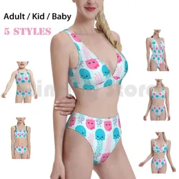 Kvinnors badkläder kawaii bläckfisk rosa blå baddräkt bikini vadderad hög midja bläckfisk tentaklar bågar söta djur