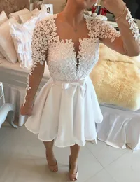 Beyaz Kısa Homecoming Vestido De Festa Cutto Dantel Uzun Kollu İnciler Boncuklu Elbiseler Mezuniyet Balosu 328 328