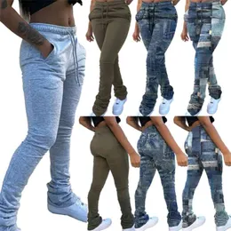 Women Fake Jeans Print Stacked Pants Legging High Waist Flare Bell Bottom Ruched Trousers Draped Jogger Sports Sweatpants Q0801