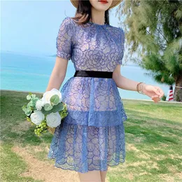 Est Runway Desigher Sommarlov Klänning Kvinnor Mesh Ruffles Sequined Short Sleeve Flower Slim Waist Mini Dresses 210529