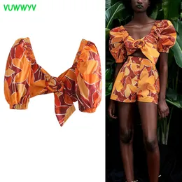 VUWWYV Floral Print Crop Top Women Summer Short Puff Sleeve Backless Woman Blouses Retro Elastic Ladies Tops With Buckle 210430