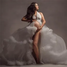 Chic White Ruffle Aftonklänning för mamma Tiered Pläterad Sleepwear Fotografi Kvinnor Foto Shoot Tulle Maternity Robes Custom