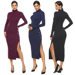 High Collar Przycisk Side Split Elegancki Dzianiny Midi Sukienka Jesień Zima Kobiety Wino Czerwony Czarny Ciemny Niebieski Długi Rękaw Ołówek Vestido 210507