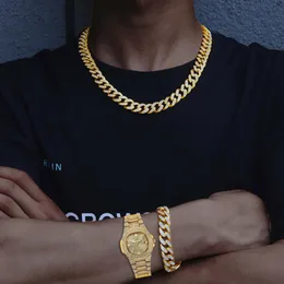 Ohrringe Halskette Hip Hop Iced Out + Uhr + Armband Bling Miami Curb Kubanischen Strass Kristall Armband Uhrensets Für Frauen Männer