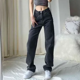 Bezczelnych prostych dżinsów dla kobiet wysoki talia luźna non stretch denim z szczupłą odprężającą fit vintage inspirowane spodnie 210322