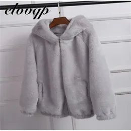 Kobiety Jesień Zima Faux Fur Coat Z Kaptur Kobiet Fashion Casual Luźna Sztuczna Futro Kurtka Fałszywy Futro Królik Outwear 211122