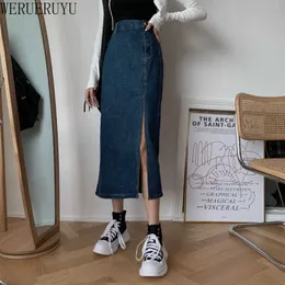 WERUERUYU Sexy Denim Skirts Women Fashion Split Mid Calf Length Skirts Pocket Blue Ladies High Waist Midi Skirt 210608