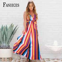 FANIECES Summer Sexy Club Women Floral Long Maxi Dress Sleeve Casual A-Line Elegant Rainbow Striped Beach Party Dresses 210520