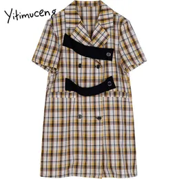 Yitimuceng Plaid Button Dress for Women A-Line Spring Double Breasted Krótki rękaw Loose Waist Moda Ubrania Preppy Style 210601