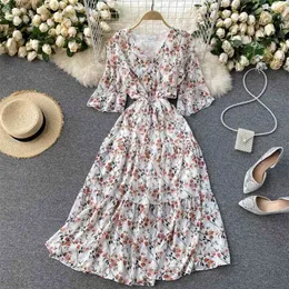 Mulheres coreanas moda chiffon v-pescoço de manga curta alta cintura fina floral impressão a linha vestido roupas vestidos r736 210527