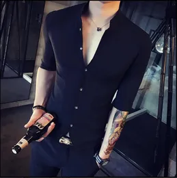 Men's Jackets Men Shirts Stand Collar Chinese Style Shirt Slim Fit Korea Clothes Half Sleeve 2021 Summer Designer Club Soild